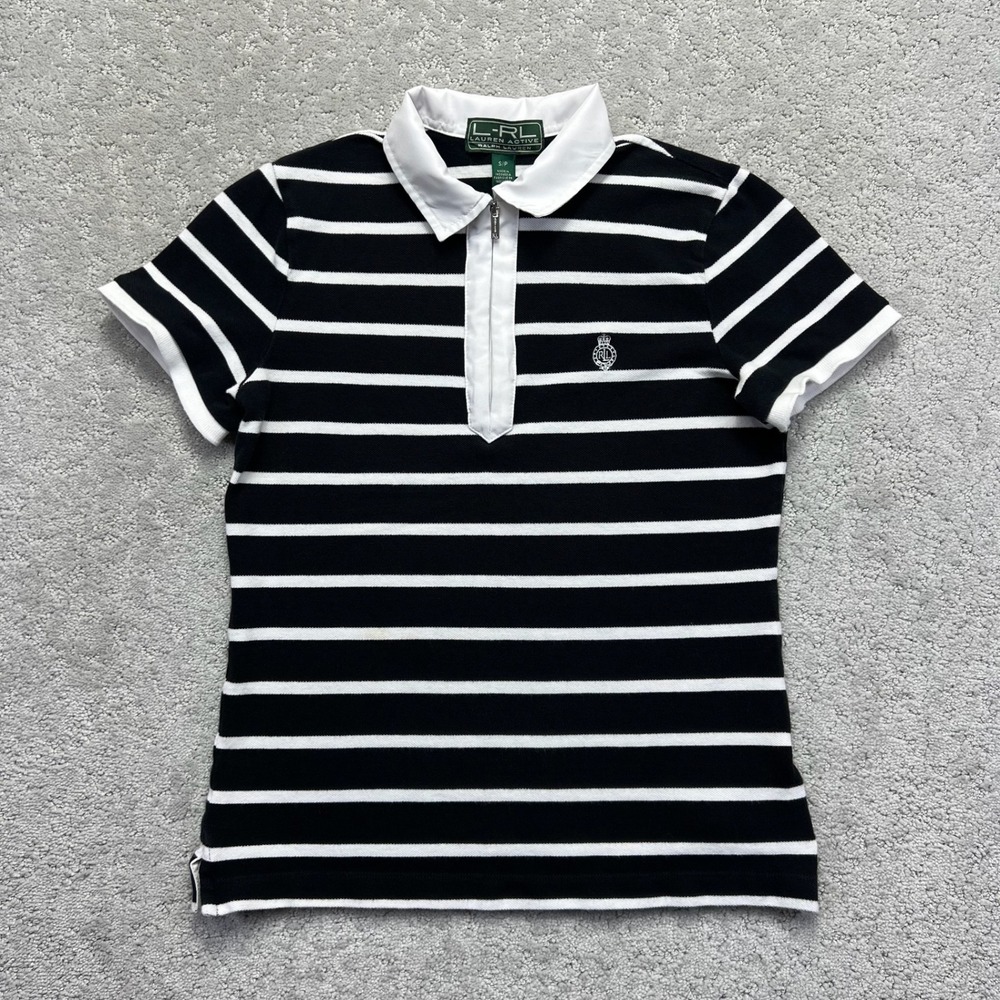 Lauren Active Ralph Lauren Polo Shirt Womens Small Black White Striped 1/4 Zip